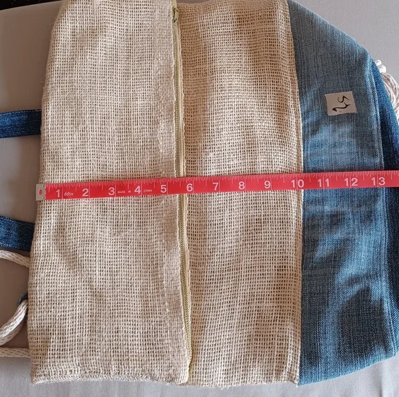 Handmade and Designed Denim and Burlap Backpack, Rucksack, Unique, Upcycled - Picture 7 of 10